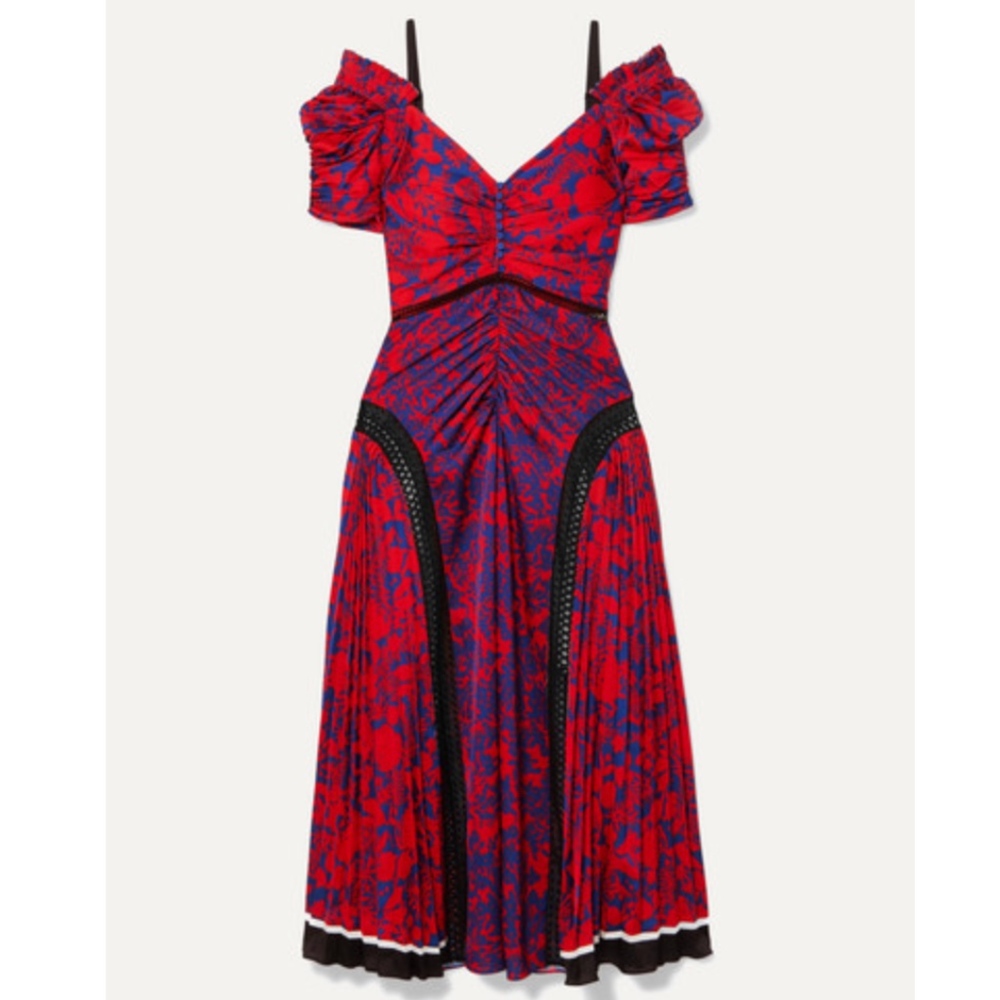 Self-Portrait Off-Shoulder Floral Satin Midi Dress